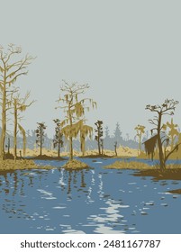 WPA poster art of Bayou Bardeaux in Barataria Preserve within Jean Lafitte National Historical Park, Louisiana USA done in works project administration or federal art project style.