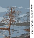 WPA poster art of a bayou or swamp in Barataria Preserve within Jean Lafitte National Historical Park Louisiana USA done in works project administration or federal art project style.