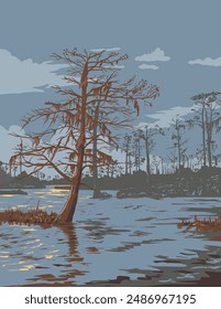 WPA poster art of a bayou or swamp in Barataria Preserve within Jean Lafitte National Historical Park Louisiana USA done in works project administration or federal art project style.