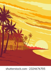WPA poster art of a beach in Phu Quoc island during sunset in Kien Giang Province located in the Gulf of Thailand in Vietnam done in works project administration or Art Deco style.
