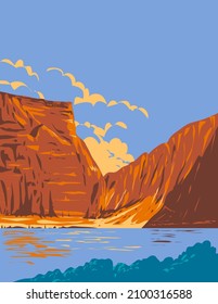 WPA poster art of Bighorn Canyon National Recreation Area with Bighorn Lake between the border of Wyoming and Montana, Wyoming, United States of America USA done in works project administration style.
