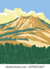 WPA poster art of Bishop Peak, the tallest of the Morros or Nine Sisters stretching to Morro Bay in San Luis Obispo, California USA done in works project administration or federal art project style.