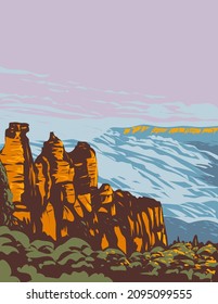 WPA poster art of Blue Mountains National Park with Three Sisters, Jamison Valley and Mount Solitary from Echo Point west of Sydney New South Wales, Australia done in works project administration.