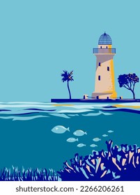 WPA poster art of the Boca Chita Lighthouse in upper Florida Keys in Biscayne National Park, Miami Dade County, Florida USA done in works project administration style or federal art project style.
