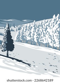 WPA poster art of Boulder, Colorado in winter viewed from side done in works project administration or federal art project style.