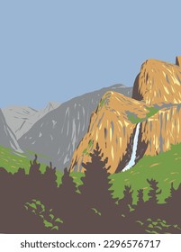 WPA poster art of Bridalveil Fall viewed from Wawona Tunnel on State Highway 41 in Yosemite National Park on north side Yosemite Valley California USA works project administration or Art Deco style