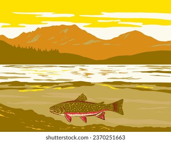 WPA poster art of a brook trout or Salvelinus fontinalis in Wind River Mountain Range of the Rocky Mountains in western Wyoming done in works project administration or federal art project style.