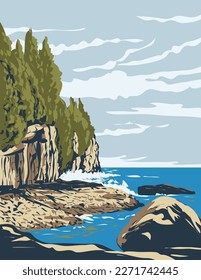 WPA poster art of Bruce Peninsula National Park on the Bruce Peninsula in Ontario, Canada done in works project administration.