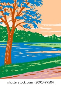 WPA poster art of Bull Shoals-White River State Park with the best trout fishing stream in Baxter and Marion Counties in Arkansas United States done in works project administration style. svg