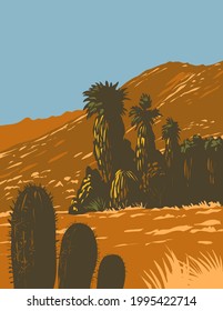 WPA poster art of cactus and desert fan palm growing in Santa Rosa and San Jacinto Mountains National Monument in Palm Desert, California, United States done in works project administration style.