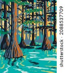 WPA poster art of Caddo Lake State Park with bald cypress trees on lake and bayou in Harrison and Marion County East Texas, United States of America USA done in works project administration style.