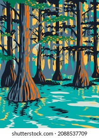 WPA poster art of Caddo Lake State Park with bald cypress trees on lake and bayou in Harrison and Marion County East Texas, United States of America USA done in works project administration style. svg