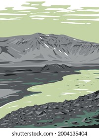 WPA poster art of a caldera in remote wilderness of the Alaska Peninsula in Aniakchak National Monument and Preserve USA done in works project administration style or federal art project style.