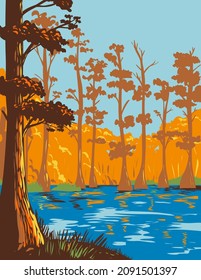 WPA poster art of Cane Creek State Park with Bayou Bartholomew on north bank of Cane Creek Lake in Lincoln County, Arkansas, United States of America USA done in works project administration style. svg