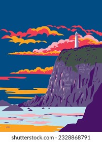 WPA poster art of Cape Ashizuri Lighthouse in Ashizuri-Uwakai National Park at the southwestern tip of the island of Shikoku, Japan done in works project administration or Art Deco style.