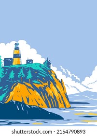 WPA poster art of Cape Disappointment with lighthouse sitting on a bluff at the mouth of the Columbia River in western Washington State, United States, USA done in works project administration style.