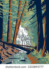 WPA poster art of Cascade Falls in Moran State Park on Orcas Island in Puget Sound's San Juan Islands in Washington State, United States of America done in works project administration.