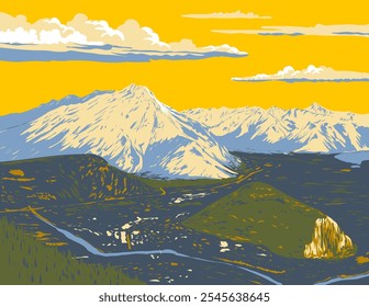 WPA poster art of Cascade Mountain, Bow Valley, Bow River, Tunnel Mountain and town of Banff within Banff National Park in Alberta, Canada done in works project administration or art deco style.