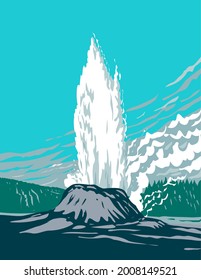 WPA poster art of Castle Geyser, a cone geyser located in the Upper Geyser Basin in Yellowstone National Park, Teton County, Wyoming USA done in works project administration style.