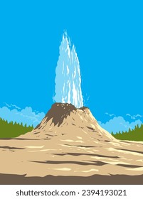 WPA poster art of Castle Geyser in the Upper Geyser Basin of Yellowstone National Park in Wyoming USA done in works project administration or federal art project style.