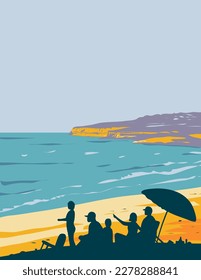 WPA poster art of Cavendish Beach on Prince Edward Island National Park in province of Prince Edward Island fronting the Gulf of St. Lawrence, Canada done in works project administration.