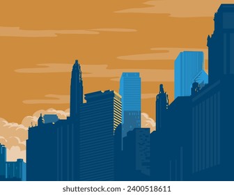 WPA poster art of the Chicago city skyline with buildings and skyscrapers along the Chicago River in Illinois, United States USA done in works project administration or federal art project style.