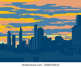 WPA poster art of the Chicago city skyline with buildings and skyscrapers at dusk in Illinois, United States USA done in works project administration or federal art project style.