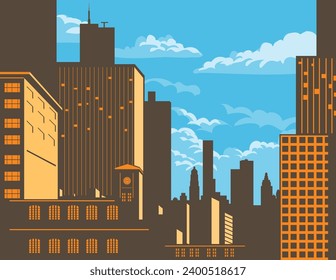 WPA poster art of the Chicago city skyline with buildings and skyscrapers along the Chicago River in Illinois, United States USA done in works project administration or federal art project style.