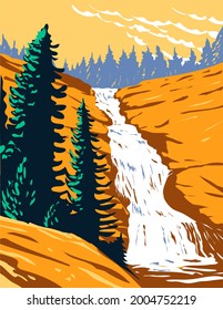 WPA poster art of Chilnualna Falls on Chilnualna Creek in Sierra Nevada within Yosemite National Park, California United States done in works project administration style or federal art project style.