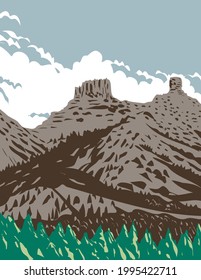 WPA poster art of Chimney Rock and Companion Rock within the Chimney Rock National Monument part of San Juan National Forest in Colorado United States done in works project administration style.