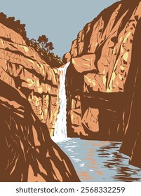 WPA poster art of Christopher Creek Gorge at the base of Mogollon Rim within Tonto National Forest in Gila County, Arizona, USA done in works project administration or federal art project style.