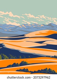 WPA poster art of Coral Pink Sand Dunes State Park between Mount Carmel Junction and Kanab in southwestern Utah United States of America, USA done in works project administration style.