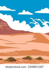 WPA poster art of Coral Pink Sand Dunes State Park between Mount Carmel Junction and Kanab in Kane County in southwestern Utah, United States done in works project administration or Art Deco style.