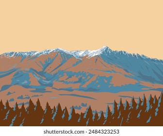 WPA poster art of Coronet Peak mountain range in Queenstown, Otago, South Island of New Zealand done in works project administration or federal art project style.