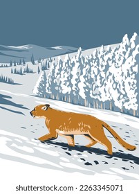 Afiche de WPA de un cougar, un gato grande nativo de las Américas en Boulder, Colorado en invierno visto desde el lado hecho en la administración de proyectos de obras o estilo de proyectos de arte federal.