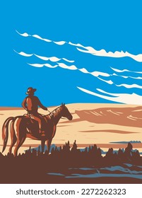 Afiche de WPA de vaquero y caballo en el West Block del Parque Nacional de Grasslands ubicado cerca de la aldea de Val Marie, Saskatchewan, Canadá realizado en la administración de proyectos de obras.