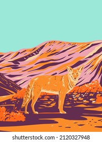 WPA poster art of a coyote in Death Valley National Park in the California Nevada border east of Sierra Nevada, United States done in works project administration style or federal art project style.