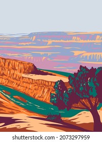 WPA poster art of Dead Horse Point State Park with a dramatic overlook of the Colorado River and Canyonlands National Park Utah United States of America USA done in works project administration style.