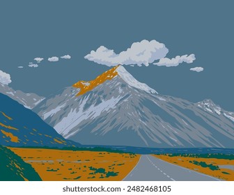 WPA poster art deco of Aoraki Mount Cook National Park along the Main Divide of the Southern Alps in the South Island of New Zealand done in works project administration or federal art project style.