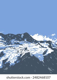 WPA poster art deco of Aoraki in Mount Cook National Park on Main Divide of the Southern Alps in the South Island of New Zealand done in works project administration or federal art project style.