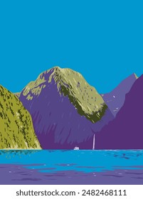 WPA poster art deco of Milford Sound Piopiotahi and Mitre Peak in Fiordland, South Island of New Zealand done in works project administration or federal art project style.