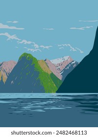 WPA poster art deco of Milford Sound in Fiordland National Park and Piopiotahi Marine Reserve in the South Island of New Zealand done in works project administration or federal art project style.