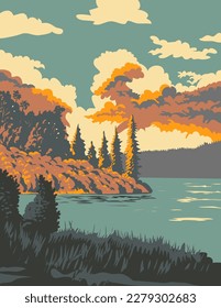 WPA poster art of Deep Lake in Riding Mountain National Park located in Manitoba, Canada done in works project administration or federal art project style.