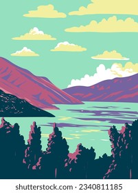 WPA poster art of Deer Creek State Park located in Charleston, Wasatch County in the southwest corner of the Heber Valley Utah, United States done in works project administration or Art Deco style.