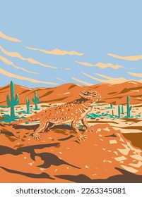 Afiche de WPA de un lagarto de cuerno del desierto en el Parque Nacional Saguaro, ubicado en el desierto de Sonoran, Arizona USA, hecho en el estilo de la administración de proyectos de obras o de proyectos de arte federales.