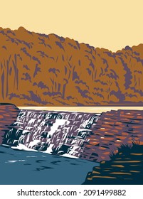 WPA poster art of Devil's Den State Park waterfall at Butterfield trail in the Ozark Mountains in northwest Arkansas, United States of America USA done in works project administration style. svg