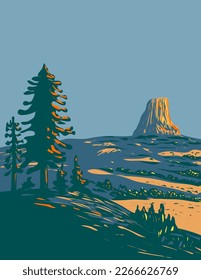 WPA poster art of Devils Tower National Monument in Bear Lodge Ranger District of Black Hills, northeastern Wyoming during summer done in works project administration or federal art project style.