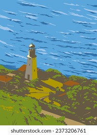 WPA poster art of Diamond Head Lighthouse near the eastern edge of Waikiki coastline in Honolulu in the island of Oahu, Hawaii USA in done in works project administration style.