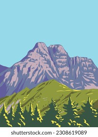 WPA poster art of Dolomiti Bellunesi National Park in the province of Belluno, Veneto in northern Italy done in works project administration or Art Deco style.