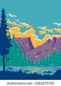 WPA poster art of Dream Lake in Rocky Mountain National Park in northern Colorado, USA done in works project administration or federal art project style.